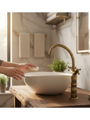 İsaoğlu Yapı Antik Gold Çanak Bataryası Lavabo Armatürü Pirinç Malzeme Yüksek Model Klasik Tasarım Eskitme Musluk