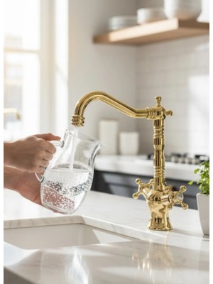 İsaoğlu Yapı Eviye Bataryası Gold Klasik Tasarım Armatür Pirinç Materyal Rustik Mutfak Bataryası