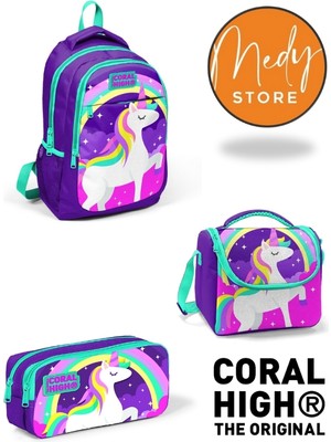 Coral High Mor Su Yeşili Unicorn Desenli 3’lü Okul Çanta Seti