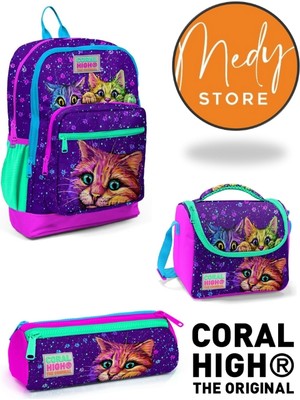 Coral High Mor Pembe Kedi Desenli 3’lü Okul Çanta Seti