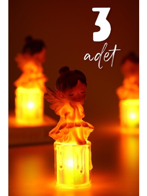 PremiumPort Mor Renkli 3'lü LED Mum Kanatlı Melek Dekoratif Işıldak, Pilli, Dumansız