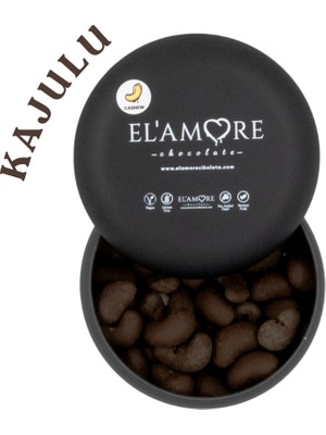 Elamore Şeker İlavesiz, Glütensiz, Vegan Kajulu Bitter Çikolata - Siyah Yuvarlak Metal Kutu, 150 gr