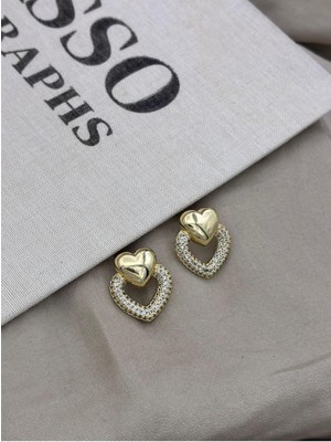 Hedef Bijuteri Gold Renk Kalp Detaylı Zirkon Taşlı Küpe CM134