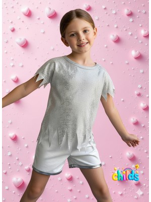 Alt Üst Takım Kız Çocuk Pamuklu Parlak Baskılı Lazer Kesimli Tişört Penye Lame Biyeli Şort