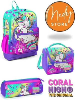 Coral High Lavanta Su Yeşili Unicorn Desenli 3’lü Okul Çanta Seti