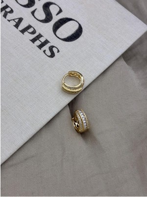 Hedef Bijuteri Gold Renk Zirkon Taşlı Kalın Bombeli Halka Küpe CM188