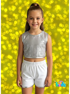 Ikili Kız Çocuk Şortlu Takım Penye Crop Parlak Baskılı Üst Beyaz Penye Şort