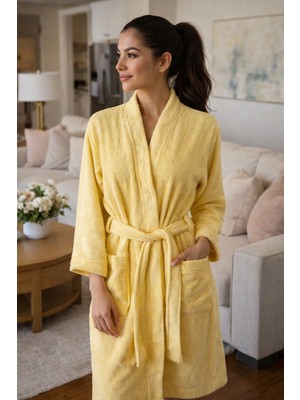 Türkühome Kadın Pamuklu Bornoz – Yumuşak Dokulu, Kuşaklı, Kapüşonsuz, Düz Renk Banyo Bornozu