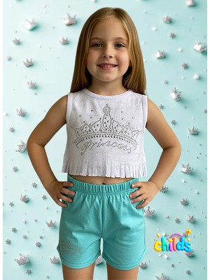 Ikili Crop Kız Çocuk Takım Prenses Taş Baskılı Devore Kumaşından Üretilmiş Şortlu Takım