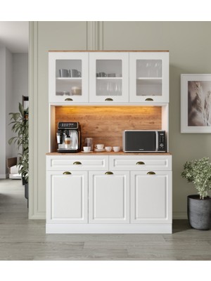 Guneystore - Gözde Kahve Köşesi - 140  cm   Komple Mdf Mutfak Dolabı - Çok Amaçlı Dolap - LED Aydınlatmalı 