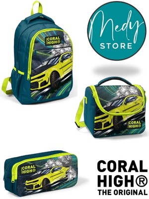 Coral High Nefti Fosforlu Sarı Araba Desenli 3’lü Okul Çanta Seti
