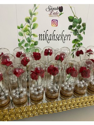 Siyah Lale Cam Fanus Kırmızı Gül ve Incili Nikah, Söz, Nişan Hediyelik - 50 Adet
