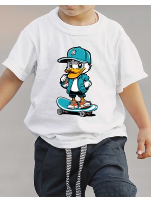 F17 Ajans Kaykaylı Ördek Baskılı %100 Pamuk Kısa Kollu Erkek Çocuk Tişörtü