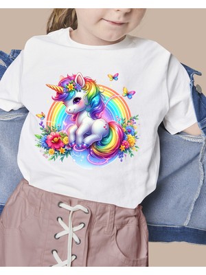 F17 Ajans Unicorn Baskılı %100 Pamuk Sıfır Yaka Kız Çocuk Tişörtü