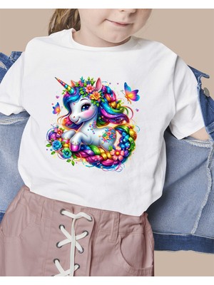 F17 Ajans Renkli Unicorn Baskılı %100 Pamuk Sıfır Yaka Kız Çocuk Tişörtü