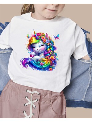 F17 Ajans Örgülü Unicorn Baskılı %100 Pamuk Sıfır Yaka Kız Çocuk Tişörtü