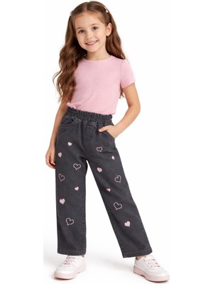 İrem Çocuk Giyim Kız Çocuk Pembe Kalp Nakışlı Beli Lastikli Koyu Füme Renk Pantolon