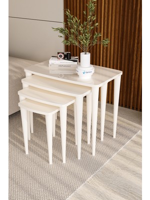 Aura Series, Krem 4'lü Zigon Sehpa Takımı, 1.sınıf Mdf ve Lake Boyalı Tabla, Gürgen Ayaklar