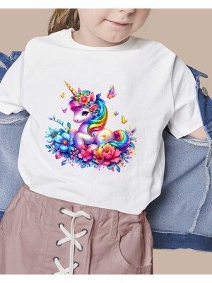 F17 Ajans Renkli Çiçekli Unicorn Baskılı %100 Pamuk Sıfır Yaka Kız Çocuk Tişörtü