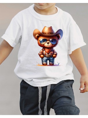 F17 Ajans Kovboy Ayıcık Baskılı %100 Pamuk Kısa Kollu Erkek Çocuk Tişörtü