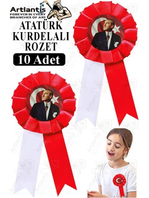 Artlantis Atatürk Kurdelalı Rozet 10 Adet Kırmızı Beyaz Yaka Rozeti Çocuk Bayram Etkinlik 15 cm Kokart