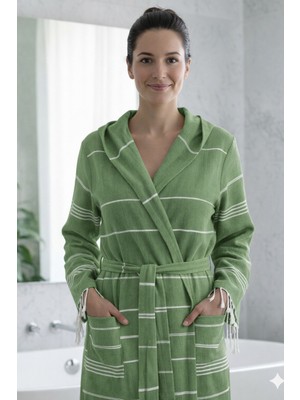 Luna %100 Pamuk Peştemal Bornoz Kapüşonlu Unisex- Koyu Yeşil