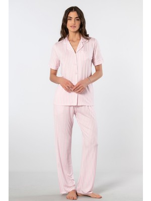 Türen Çizgili Kisa Kollu Gömlek Yaka Pijama Takimi