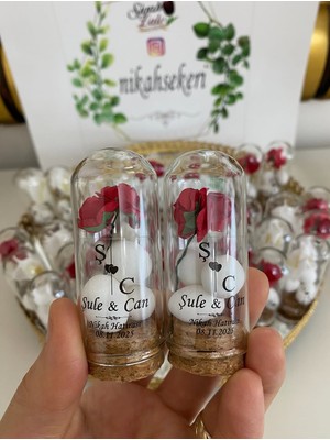 Siyah Lale Cam Fanus Kırmızı Gül ve Fıstık Şekerli Nikah, Söz, Nişan Hediyelik - 75 Adet