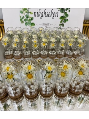 Siyah Lale Cam Fanus Papatya Çiçek ve Incili Nikah, Söz, Nişan Hediyelik - 25 Adet