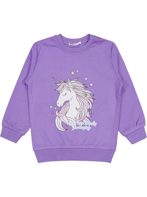 Civil Girls Civil Kız Çocuk Unicorn Baskılı Lila Sweatshirt Truvakar Kol 2-3 Yaş Cepli
