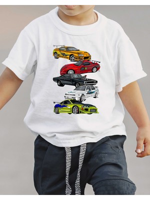 F17 Ajans Yarış Arabaları Baskılı %100 Pamuk Kısa Kollu Erkek Çocuk Tişörtü