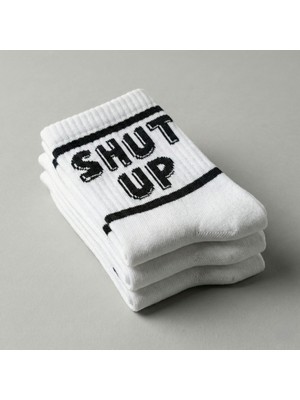 Orbit 3'lü Set "shut Up" Yazılı Ikonik Beyaz Kolej Çorap - Pamuklu Unisex Sloganlı Spor Soket