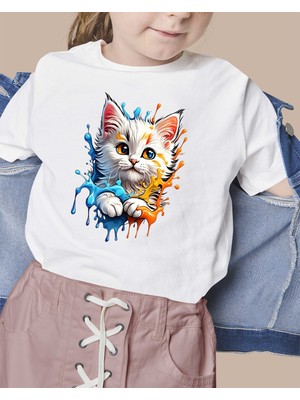 F17 Ajans Renkli Kedi Baskılı %100 Pamuk Sıfır Yaka Kız Çocuk Tişörtü