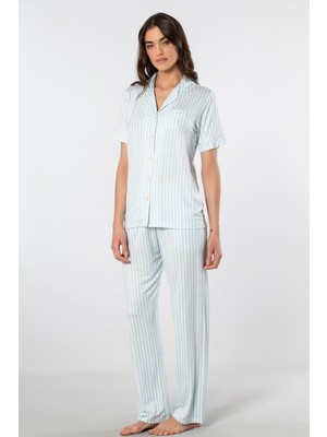 Türen Çizgili Kisa Kollu Gömlek Yaka Pijama Takimi