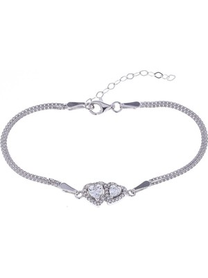 Nagiss 2'li Kalp Model Şeffaf Zirkon Taşlı 925 Ayar Gümüş Kadın Bileklik