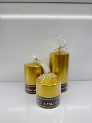 PremiumPort 3'lü Gold Sedefli Mum Seti, Çap 7 Cm, Boyalı, 7/10/15 cm