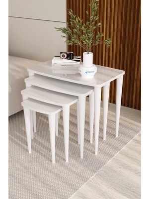 Aura Series, Beyaz 4'lü Zigon Sehpa Takımı, 1.sınıf Mdf ve Lake Boyalı Tabla, Gürgen Ayaklar