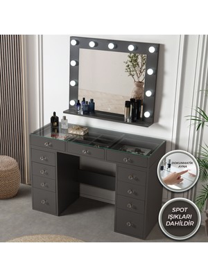 Eymense Dokunmatik LED Aynalı Camlı 11 Çekmeceli Takı Bölmeli Kulis Makyaj Masası Antrasit