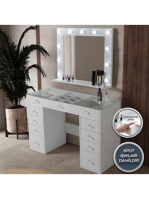 Eymense Dokunmatik LED Aynalı Camlı 11 Çekmeceli Takı Bölmeli Kulis Makyaj Masası Beyaz