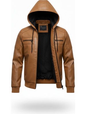 Mero Life Erkek Taba Dar Kesim Kapüşonlu Bel Lastikli Ribanalı Deri Ceket & Mont