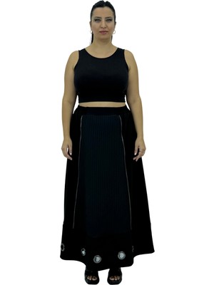 Maxlive Büyük Beden Beli Lastikli Cepli  Fermuar Detaylı Örme Kadın Etek