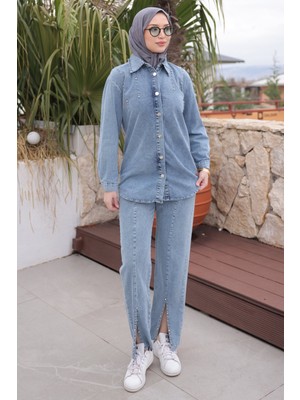 İmaj Butik Mavi Taşlı Ceket Pantolonlu Kot Takım