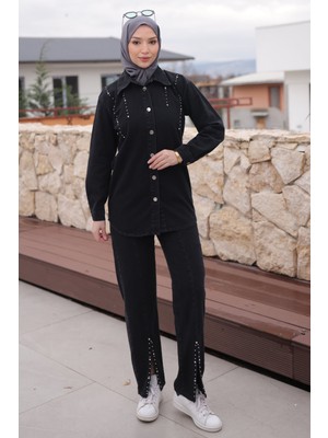 İmaj Butik Siyah Taşlı Ceket Pantolonlu Kot Takım