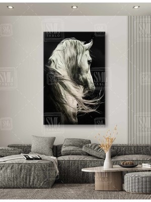 SML Tablo Yeleleri Uçuşan Beyaz At Asil Hayvan White Horse Dikey Kanvas Tablo
