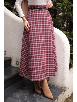 İmaj Butik Bordo Beli Kemerli Yandan Cepli Ekose Kloş Etek