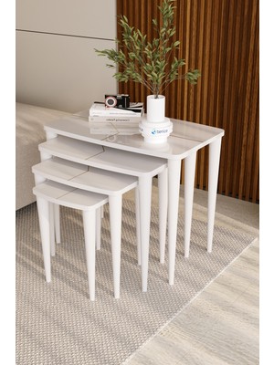 Nova Series, Beyaz Gold 4'lü Zigon Sehpa Takımı, 1.sınıf Mdf ve Lake Boyalı Tabla, Gürgen Ayaklar