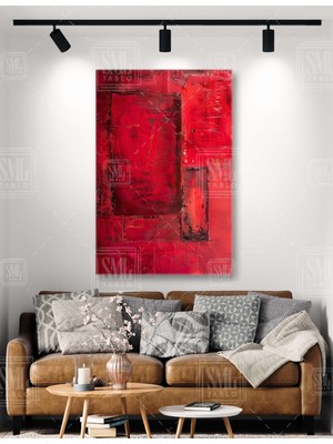 SML Tablo Kırmızı Geometrik Fırça Izi Red Bordo Modern Dekor Dikey Kanvas Tablo