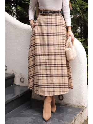 İmaj Butik Bej Beli Kemerli Yandan Cepli Ekose Kloş Etek