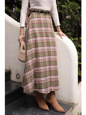 İmaj Butik Yeşil Beli Kemerli Yandan Cepli Ekose Kloş Etek