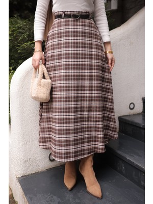 İmaj Butik Krem / Kahverengi Beli Kemerli Yandan Cepli Ekose Kloş Etek